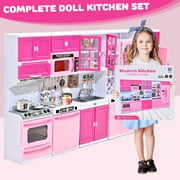 Play Kitchen Set - 5 in 1 Kids Kitchen Play Set with Cooking Toys & Play Food, Mini Pink Kitchen for Girls 3-8
