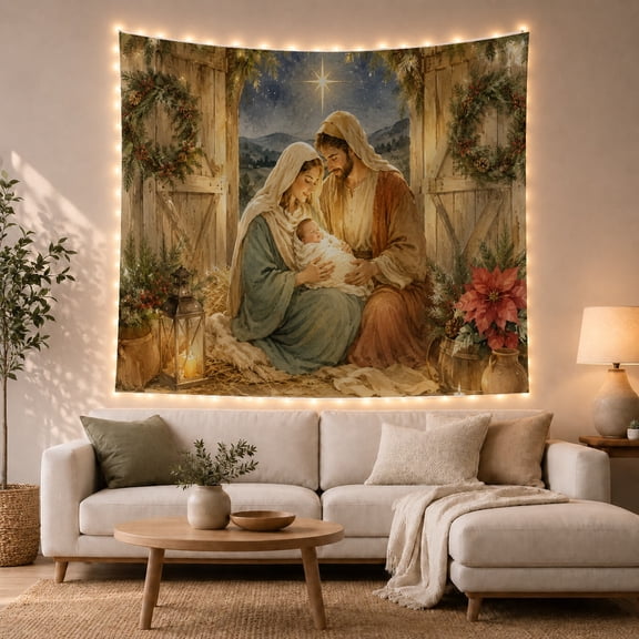 Nativity Family Before Barn Doors Peaceful Painterly Style for Christmas Decor Lovers Christian Wall Decor Christmas Gift Tapestry Wall Hanging for Bedroom, Living Room and Hallway