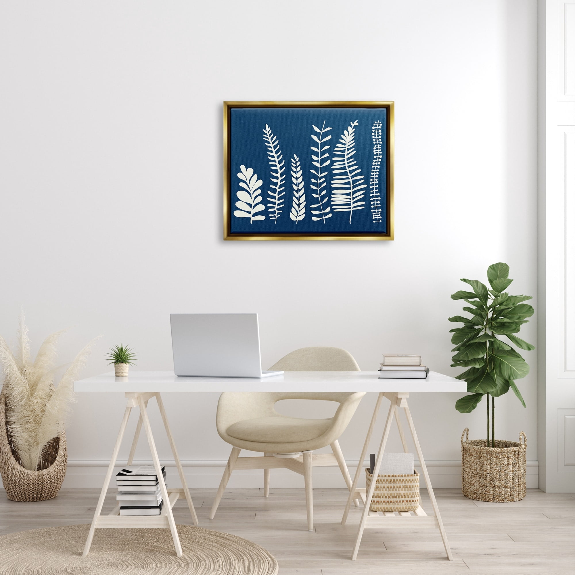 Stupell Industries Modern Fern Plant Leaves Blue Nature Silhouettes Graphic Art Metallic Gold Floating Framed Canvas Print Wall Art, Design by Deborah Velasquez