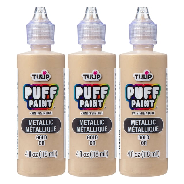 Tulip Puff Pintura para tela con acabado metálico, pintura permanente para manualidades para ropa, proyectos de bricolaje, no tóxica, 4 fl oz, paquete de 3, dorado metálico