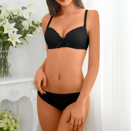 Voncos Underwear Sets for Women Strappy Gathering Bras and Underpants Comfortable Lace Lingerie Set Black Size e