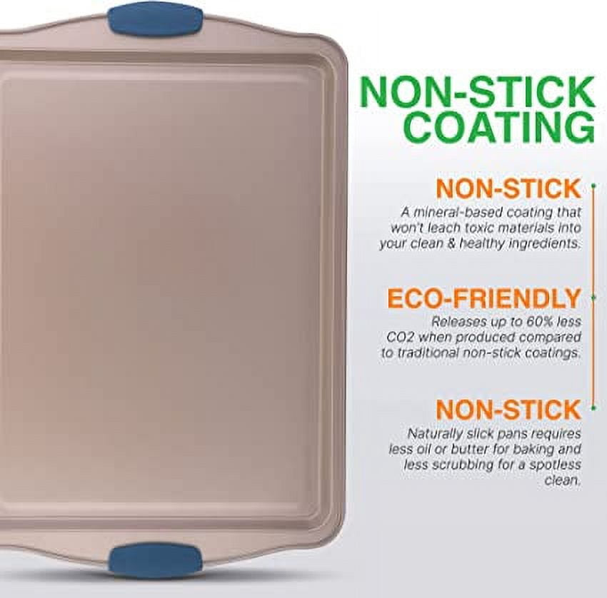 NutriChef 17” Non-Stick Baking Pan, Large Gold Cookie Sheet with Blue Silicone Handles, (Gold)