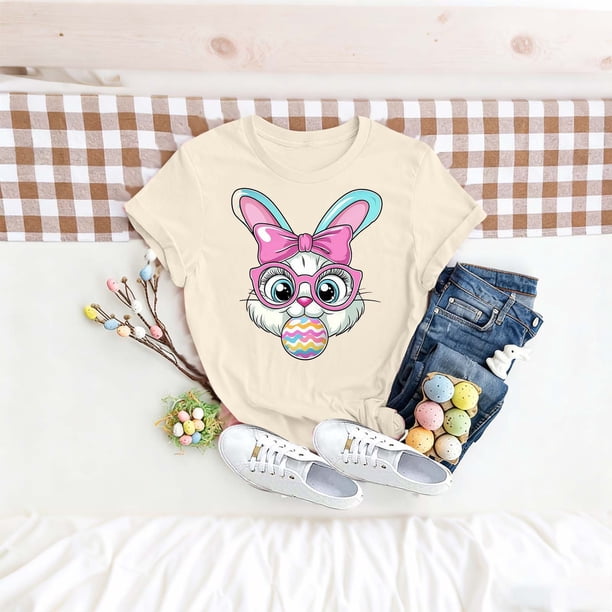 TaTaai Women's Cotton Easter Graphic T-Shirt Short Sleeve Crew Neck Loose Fit Casual Summer Chic Tee Family Daily Work Vacation Gift