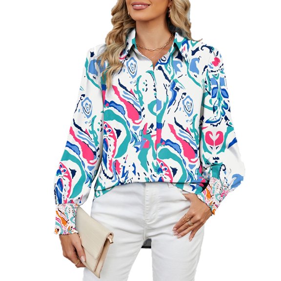 Women's Tie Dye T Shirt Long Sleeve Lapel Button Down Cardigan Blouse Sky Blue XL