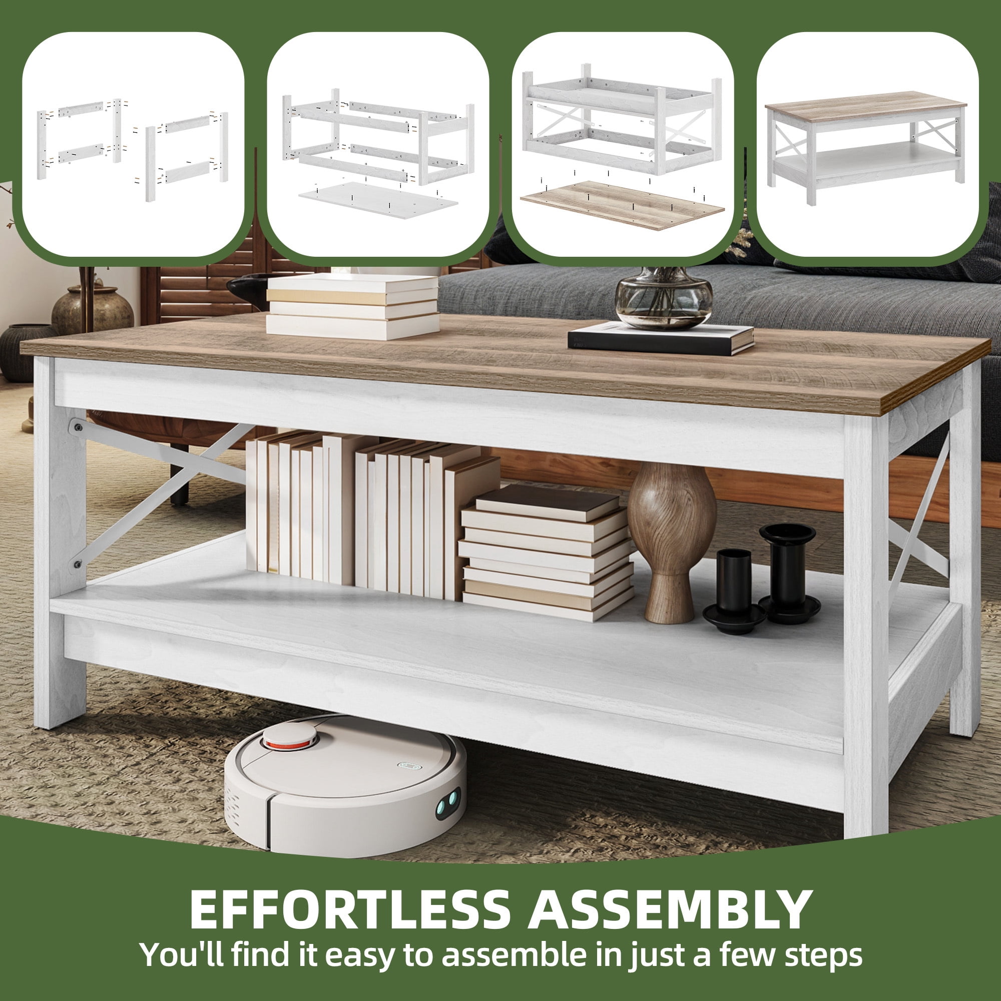 Uforic 39.4 Inch Rectangular Coffee Table with Side X-Support Frame, Thickened Legs & Floor Protection Footpads, Gray