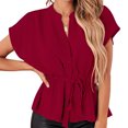 thumbnail image 2 of Women's Wrap Peplum Top Blouse Tie Waist Short Sleeve Solid Color Button Down V Neck Belted Summer Shirts T Shirts, 2 of 7