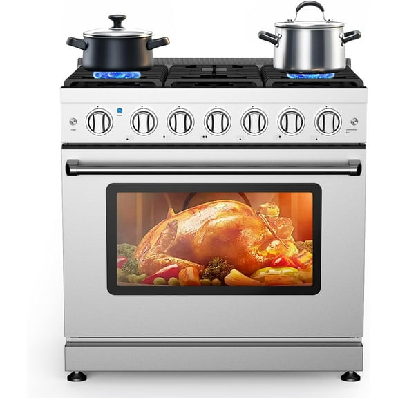 Juiluna 36” Freestanding Gas Range Stove with 6 Sealed Gas Burner & 6.0 Cu.Ft Electric Convection Oven, Stainless Steel Dual Fuel Range, Slide-In Gas Range Combo for Home and Commercial Use