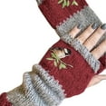 thumbnail image 2 of Women Autumn Winter Bird Embroidered Gloves Knit Fingerless Color Block Mitten, 2 of 8
