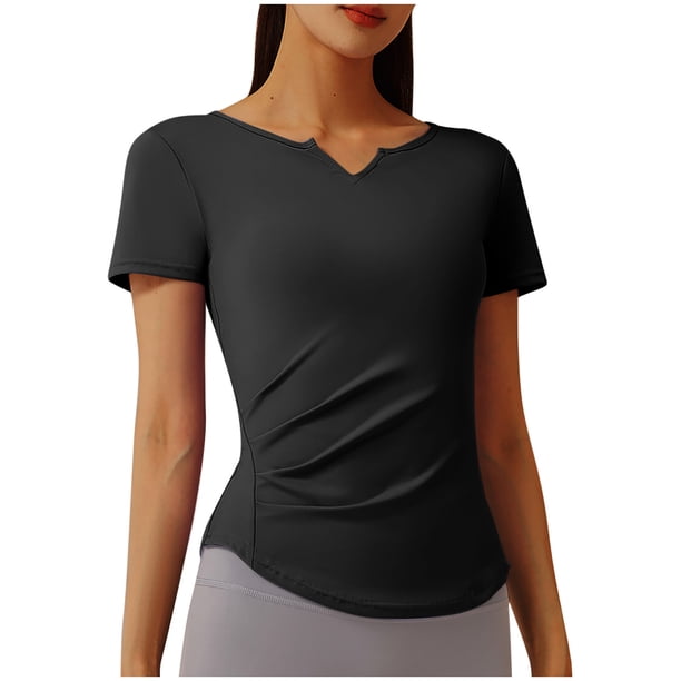 Pantalones de Yoga de Verano para Mujeres Ligera Camiseta de Manga Corta con Cuello en V, Camiseta Pliegada para Correr Y Yoga