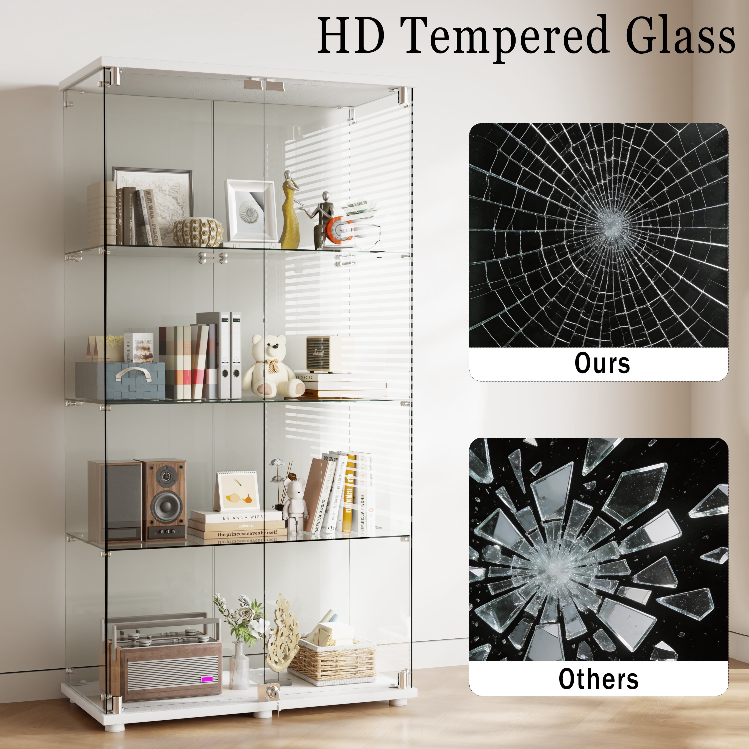 BEAUTYPEAK 64" Display Cabinet with Glass Doors,4-Tier Double-Door Curio Cases with White Panels