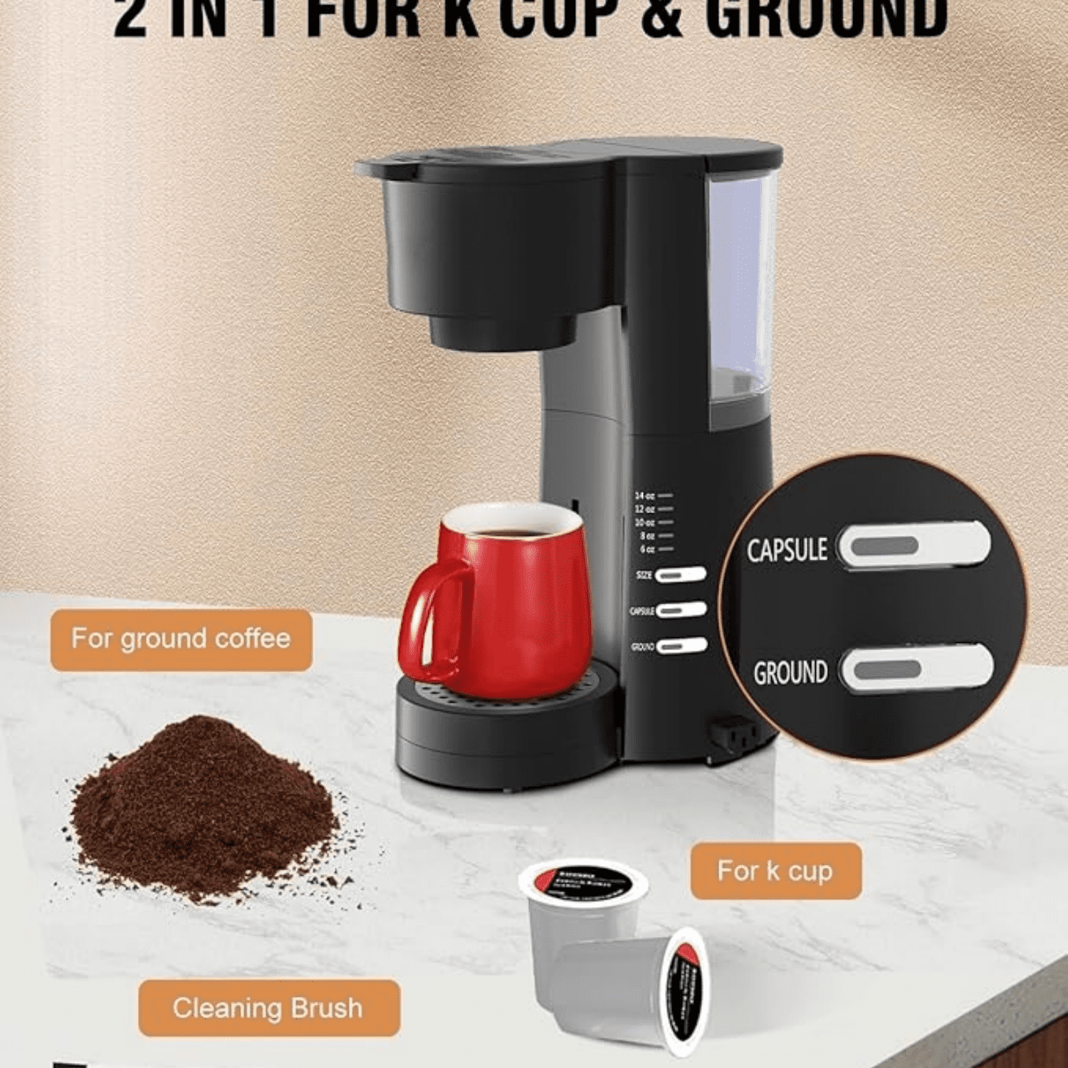 Single Serve Coffee Maker for K Cup & Ground Coffee with Milk Frother, 6 to 14 Oz Brew Sizes, Auto-Off Coffee Machine with Water Reservoir