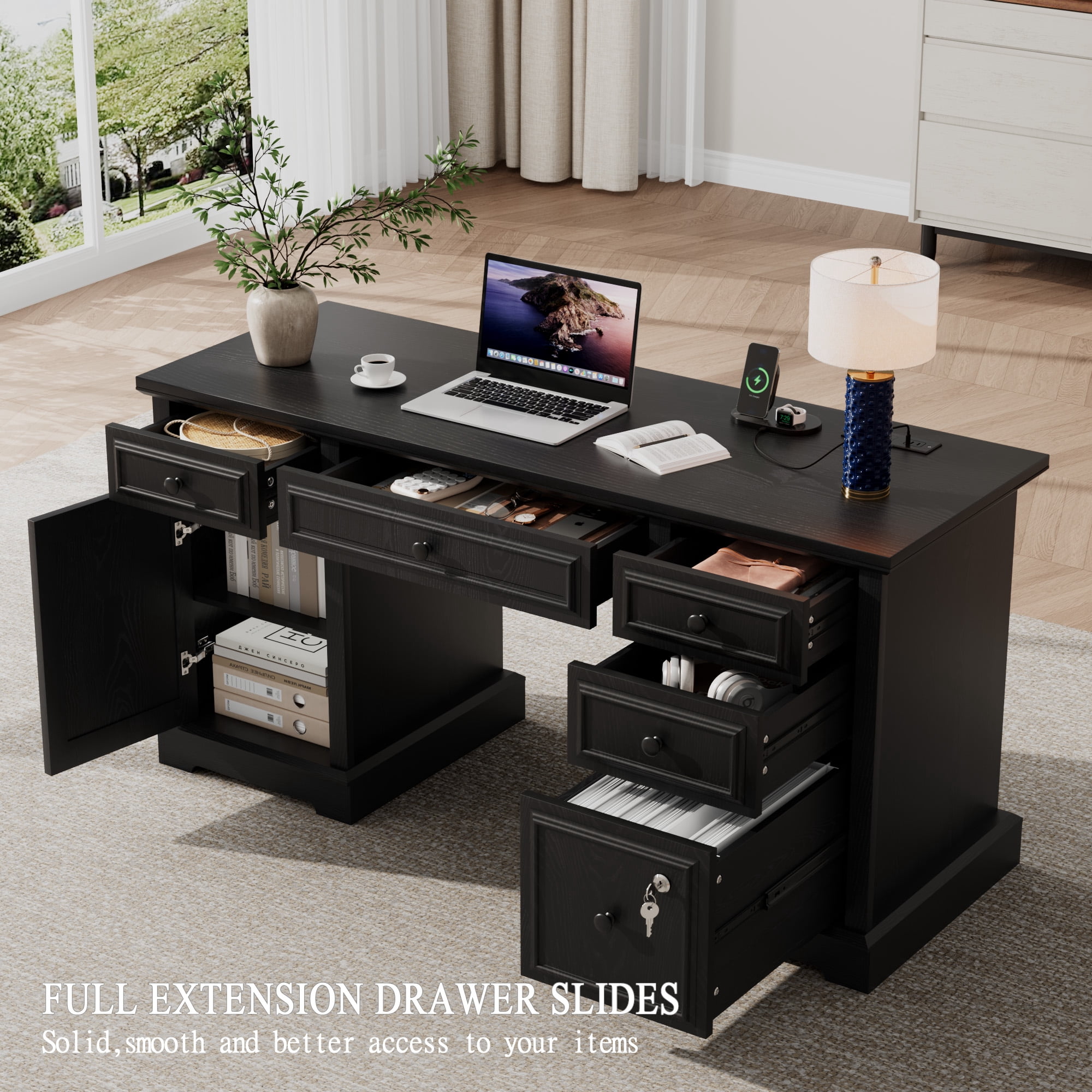 60" Farmhouse Executive Desk with File Drawer, Storage Cabinet, Wood Home Office Desk , Rustic Computer Writing Desk for Home, Study, Work, Writing