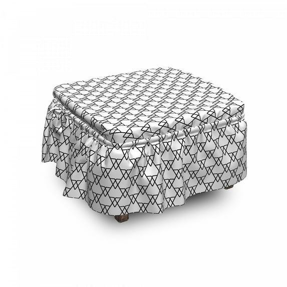 Black and White Ottoman Cover, Line Art Design, 2 Piece Slipcover Set with Ruffle Skirt for Square Round Cube Footstool Decorative Home Accent, Standard Size, Black White, by Ambesonne