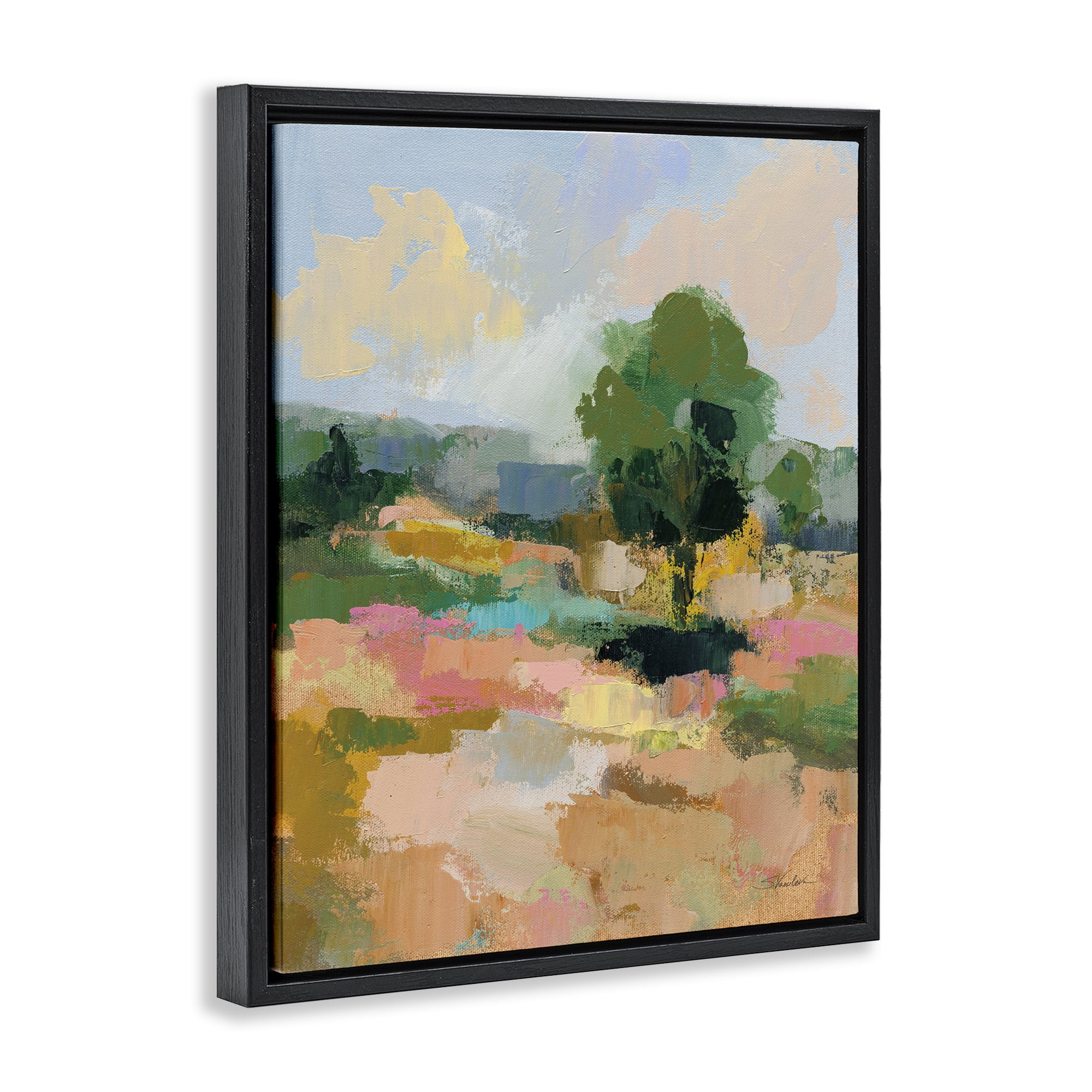 Stupell Industries Lone Tree Abstraction Landscape Painting Black Floater Framed Art Print Wall Art, 17 x 21