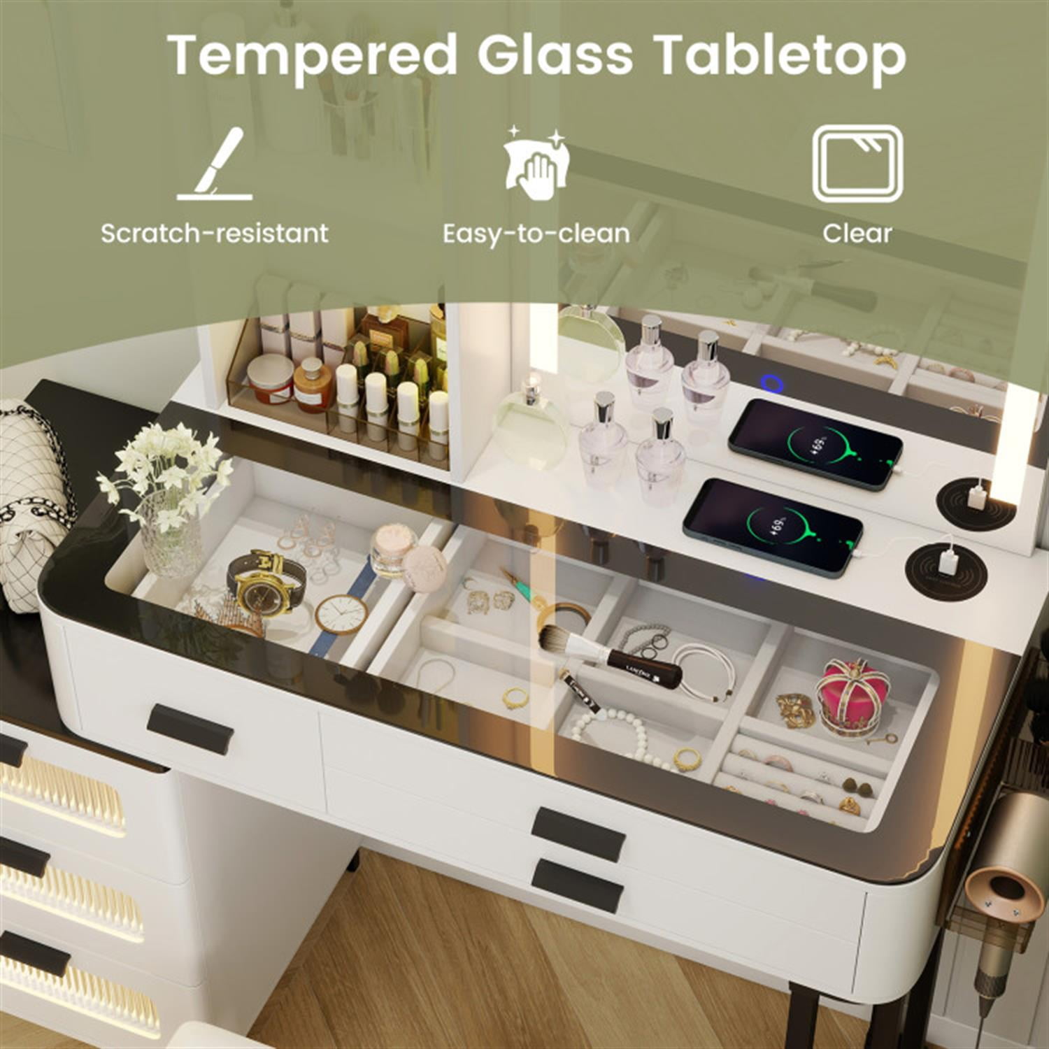 Demi Bonn Makeup Vanity Dressing Table and Stool Set with Mirror and 3-Color LED Lights, Vanity Desk for Bedroom Dressing Room, White