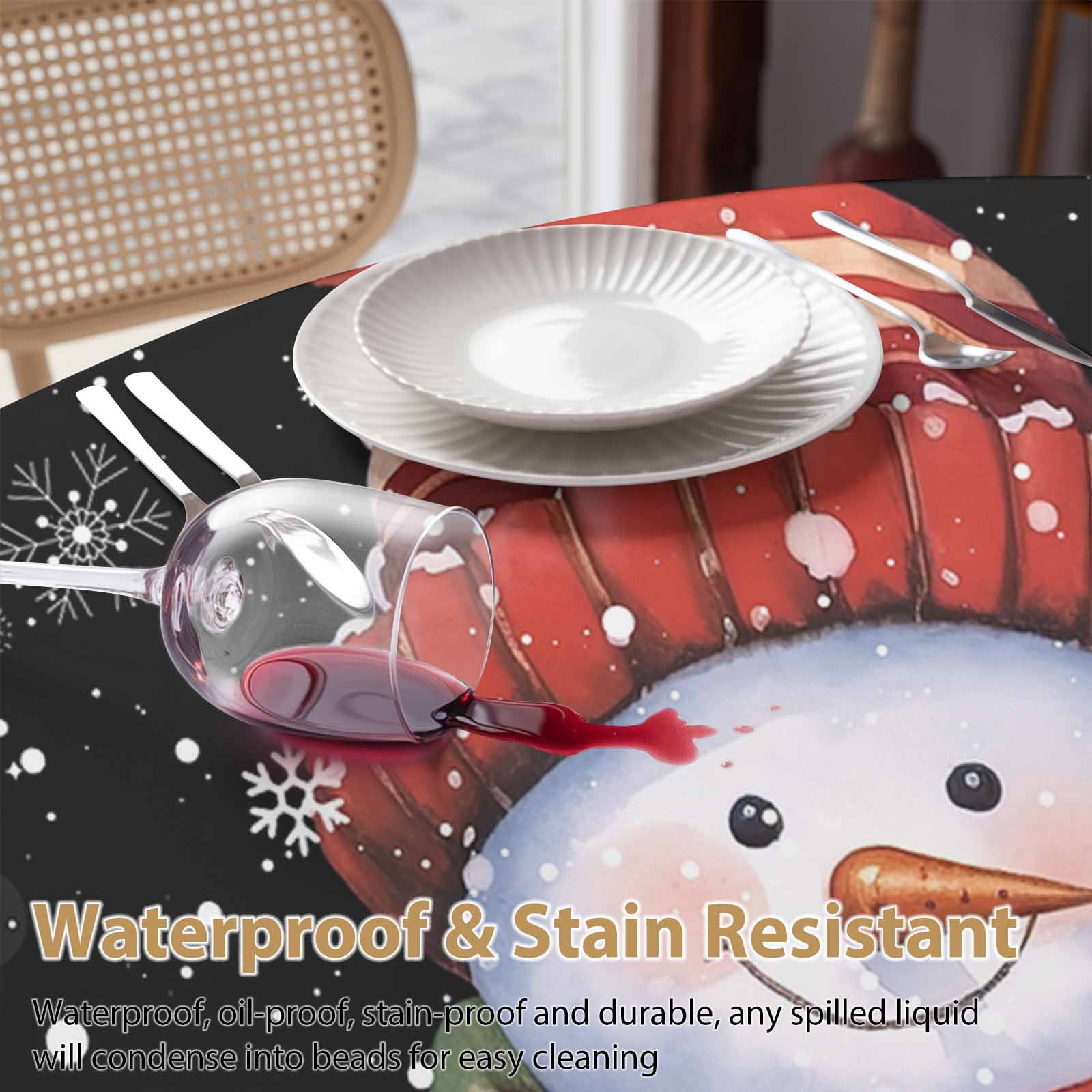 Round Tablecloth Black Christmas Snowman Waterproof Oil Proof Polyester Table Cloth Cover Decor for Home Dining Outdoor,Patio,Parties, 60" Dia. Winter Snowflakes