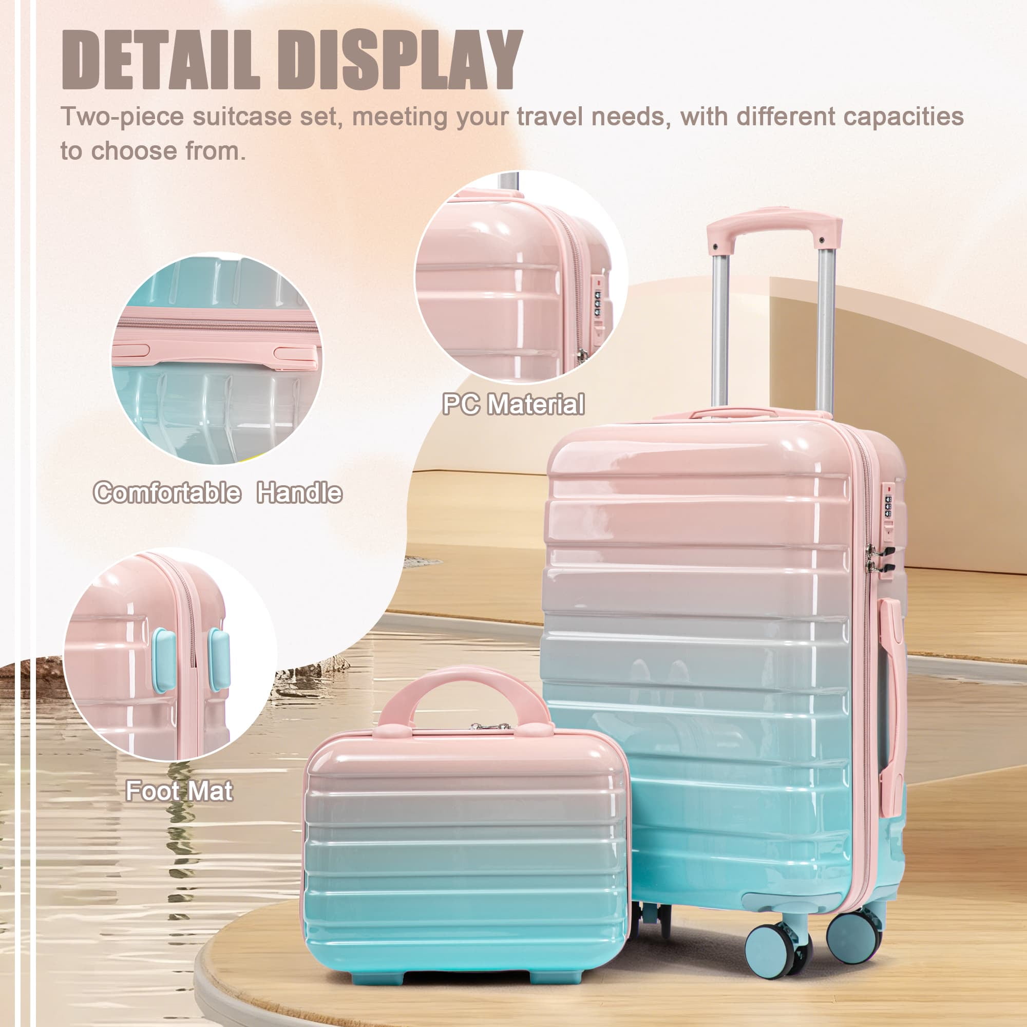 Leumius 2 Piece PC Spinner Wheel Luggage Sets, Hardside Suitcase with Combination Lock, 20 inch Carry On Luggage & 14 inch Cosmetic Case