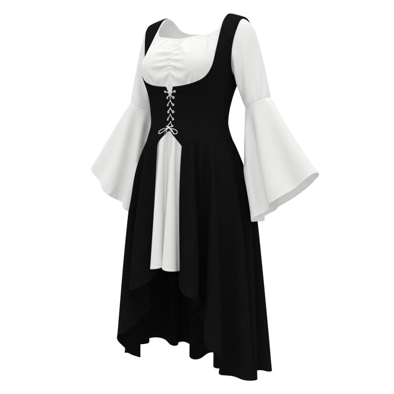 Medieval Pirate Dress for Women Square Neck Long Bell Sleeve Lace Up Corset High Low Halloween Cosplay Party Dresses