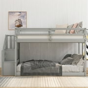 Euroco Wood Twin over Twin Floor Bunk Bed with Staircase for Kids Teens Room, Gray