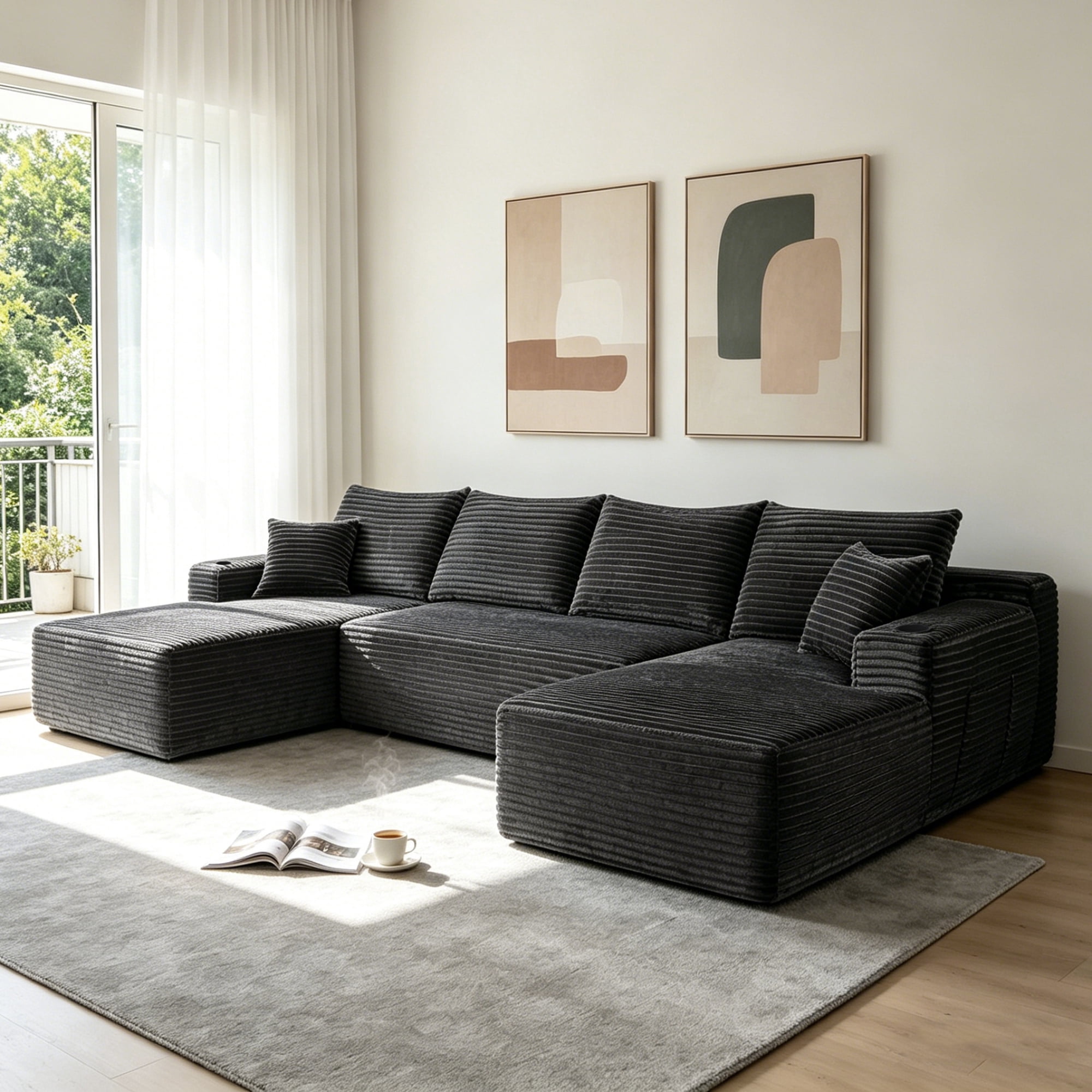 Leumius 134" Cloud Sectional Sofa with U-Shape Chaise,Modern Corduroy Boneless Couch,Upholstered Deep Seat U Shape Sofa Couch with Cup Holders for Living Room,No Assembly Required,Gray