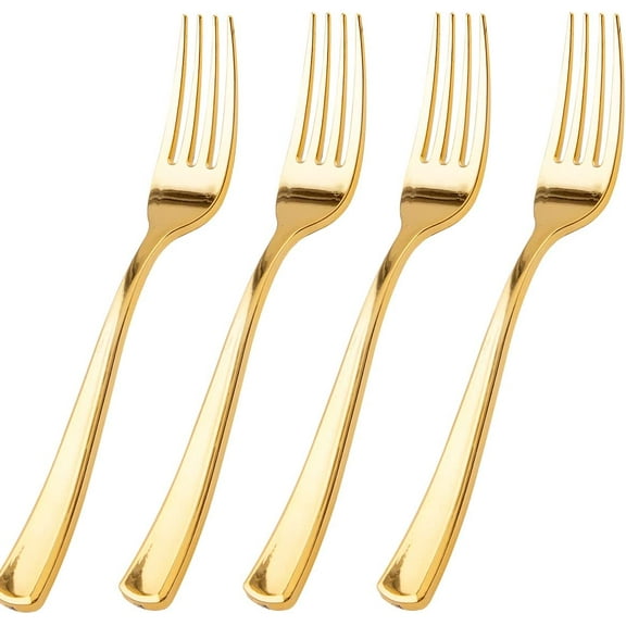 100 Pcs Gold Plastic Forks Heavy Duty - BPA-FREE, Sturdy&Durable Forks 7.4inch - Elegant Gold Forks for Dessert, Durable Plastic Cutlery for Party, Wedding or Daily Using