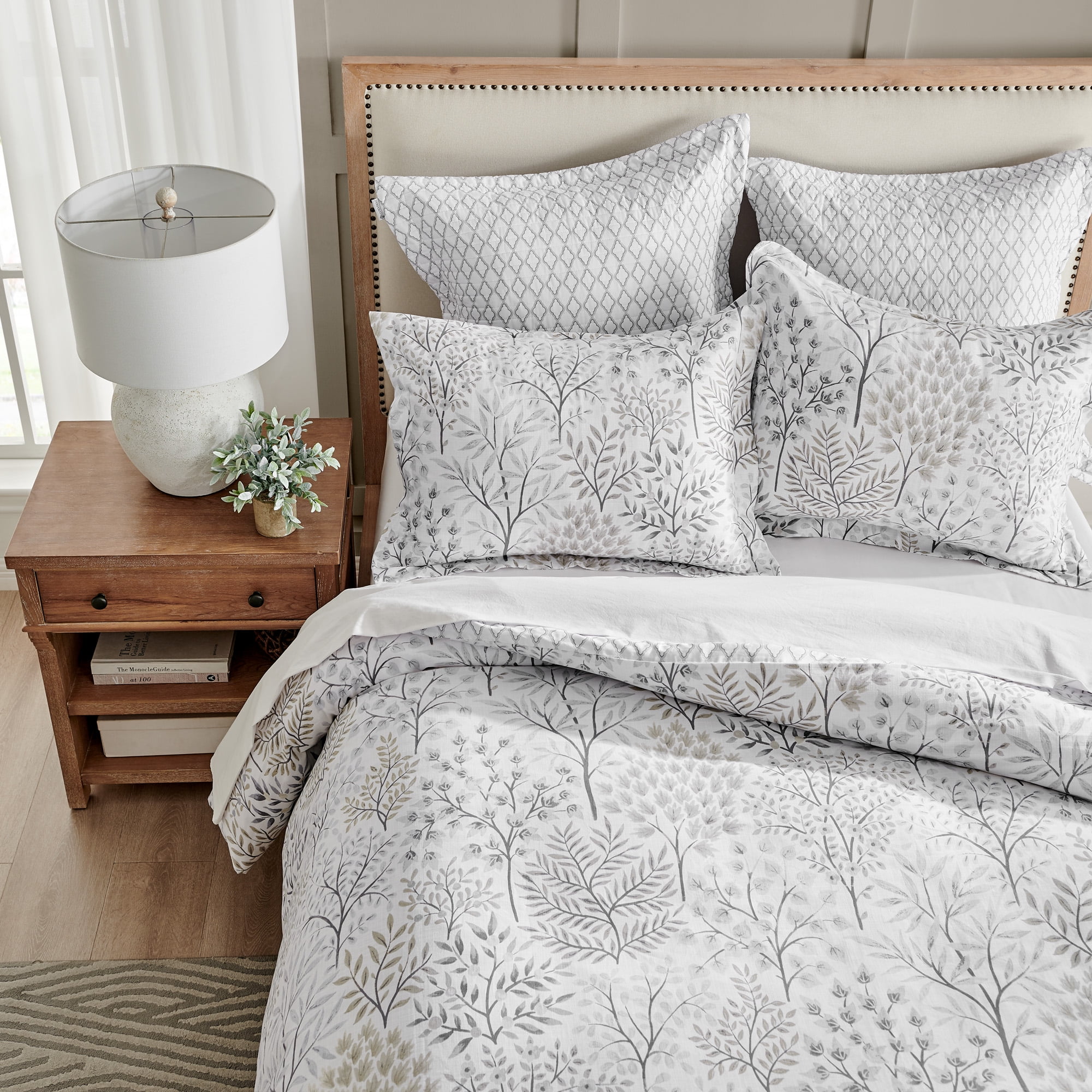 Levtex Home - English Forest Comforter Set - Full/Queen Comforter (90 x 94in.) + Two Standard Pillow Cases (26 x 20in.) - Leaves - Grey, Green, Charcoal, Off-White - Cotton