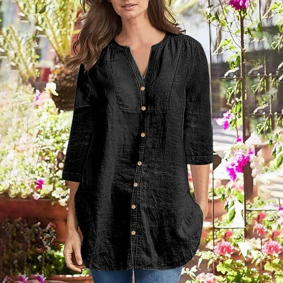 iHengLiXing Summer Tops for Womens Dressy Casual Women's Fashion Solid Button Shirt Female-Neck Loose T-shirt Blouse Black XXL