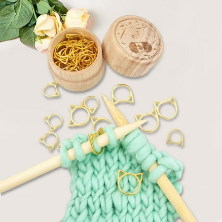 30Pcs/Set Knitting Stitch Markers Golden Cat Ear with Wooden Storage Case Tag Handmade Craft Locking Stitch Markers Sweater Knitting Tool