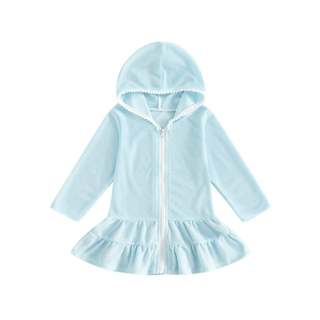 Argulvti Kid Girls Swim Coverups Solid Color Long Sleeve Hooded Dress Zip-Up Robe Towel Beachwear