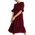 thumbnail image 2 of Txlixc, vestido Midi informal de verano para mujer, vestido fruncido de manga corta acampanado de Color sólido, vestido holgado de línea A a la moda Txlixc Moda, 2 of 7
