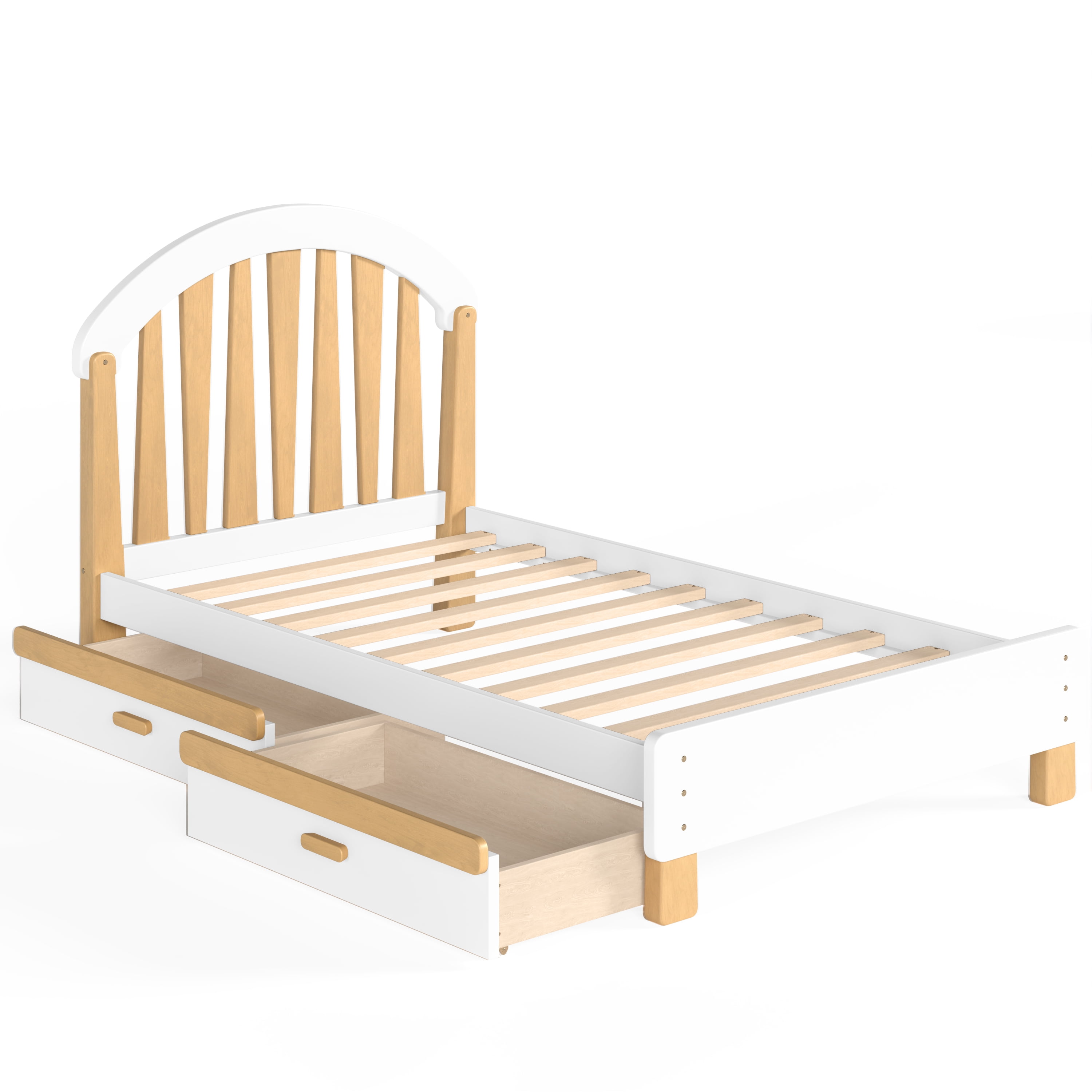 Platform Bed with Storage Drawer and Round Headboard, Twin Solid Wood Bed Frame with No Box Spring Needed for Bedroom, White and Natural