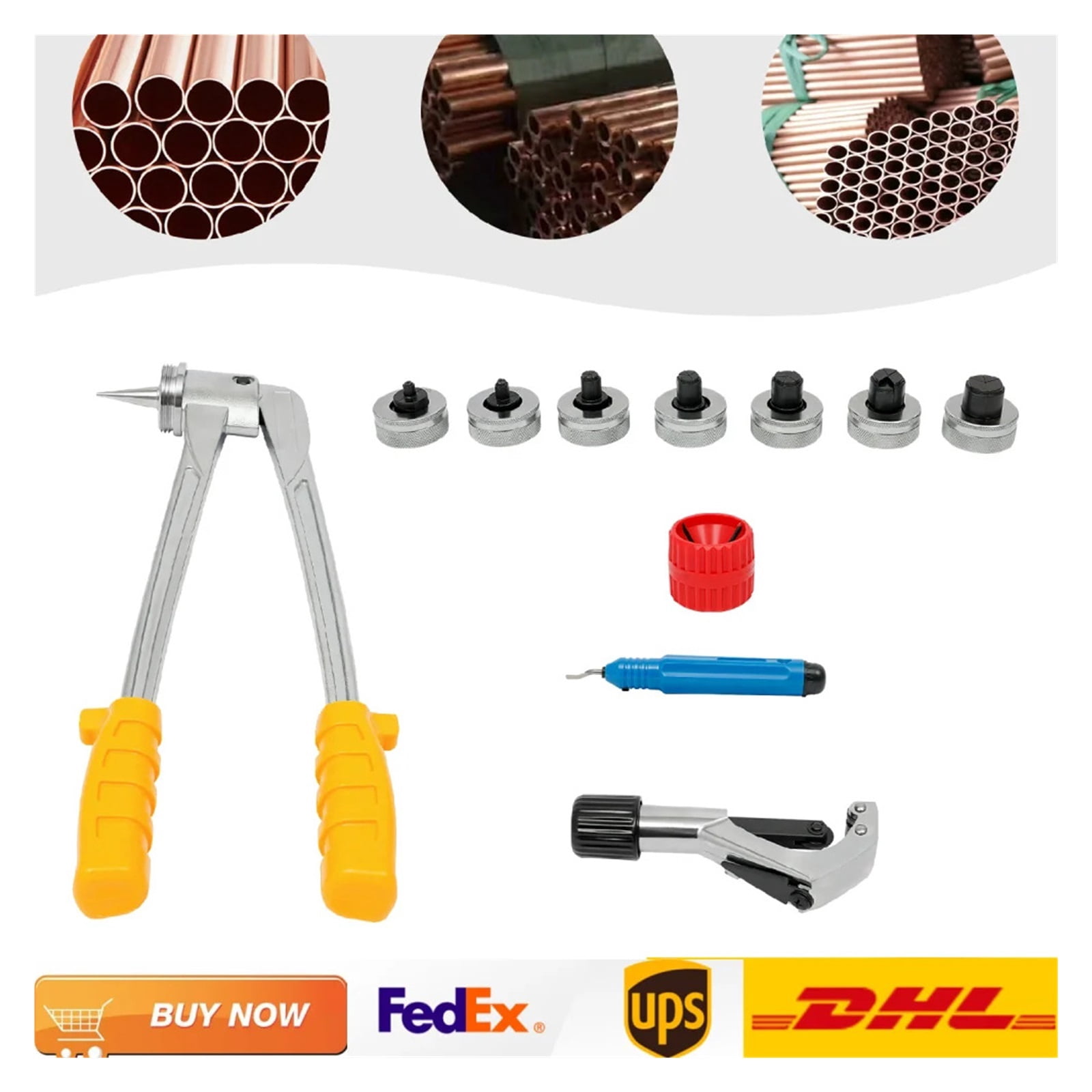 Lever Tube Expander Kit with 7 Interchangeable Heads | Manual HVAC & Plumbing Tool Set for 10-28mm Pipes ,Easy to Use