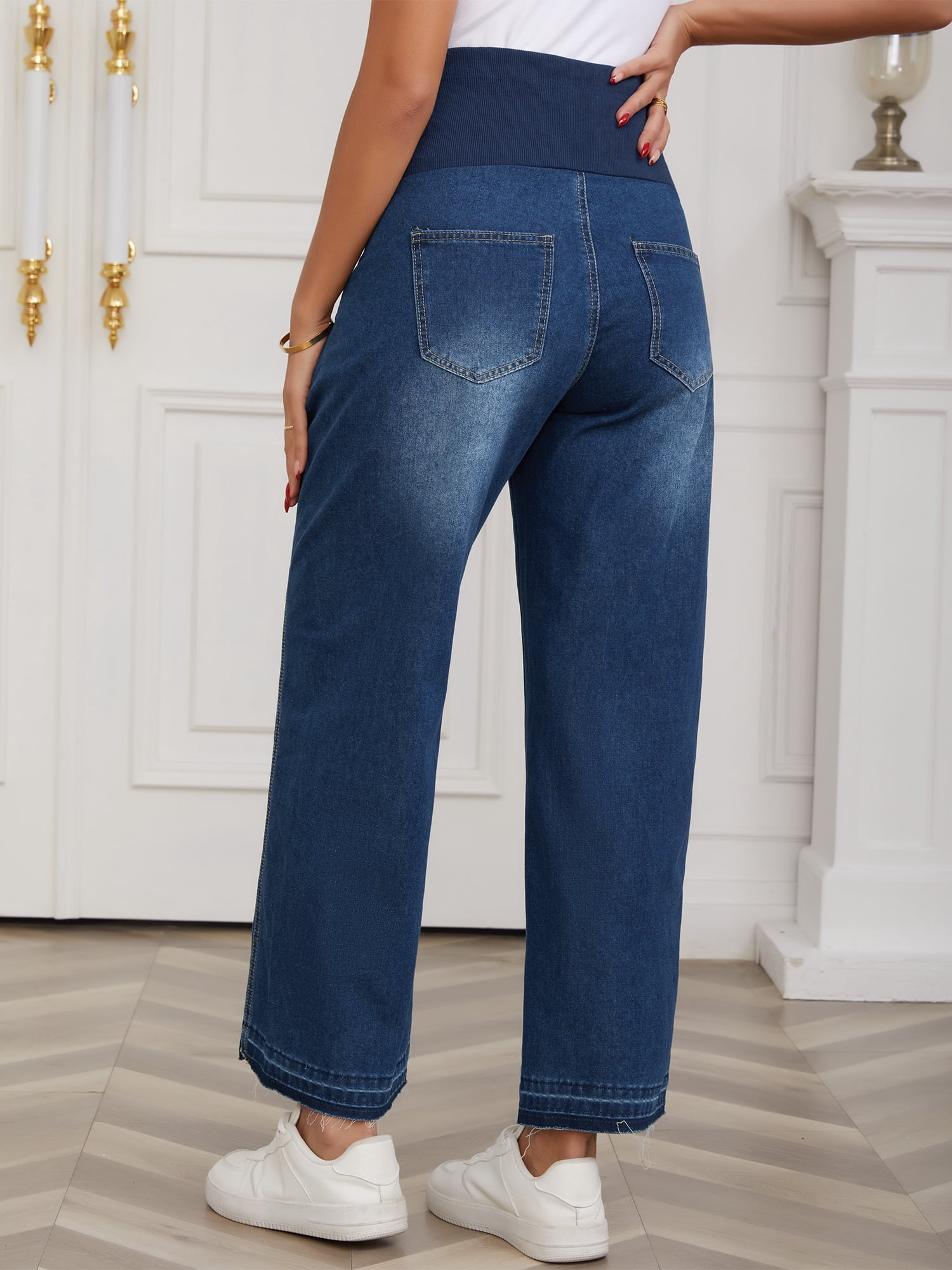 DARING DIVA Women's Maternity Wide Leg Stretchy Over-the-Belly Jeans M Dark Blue