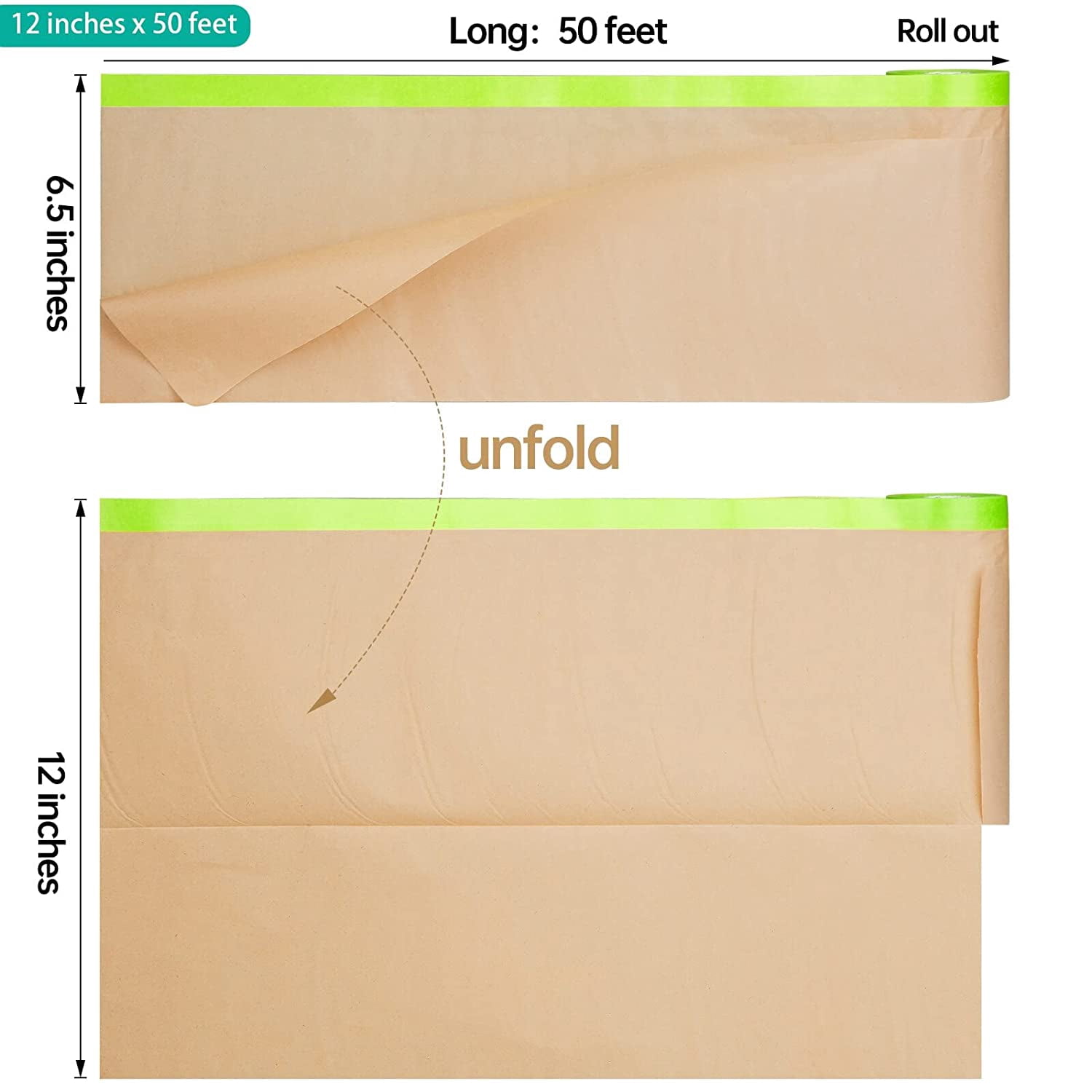 Teddy Run Pre-Taped Masking Paper for Painting - 12 inch x 50 feet Tape and Drape Painters Paper, Paint Adhesive Protective Paper Roll for Covering Skirting, Frames, Cars and Auto Body (2 Rolls)