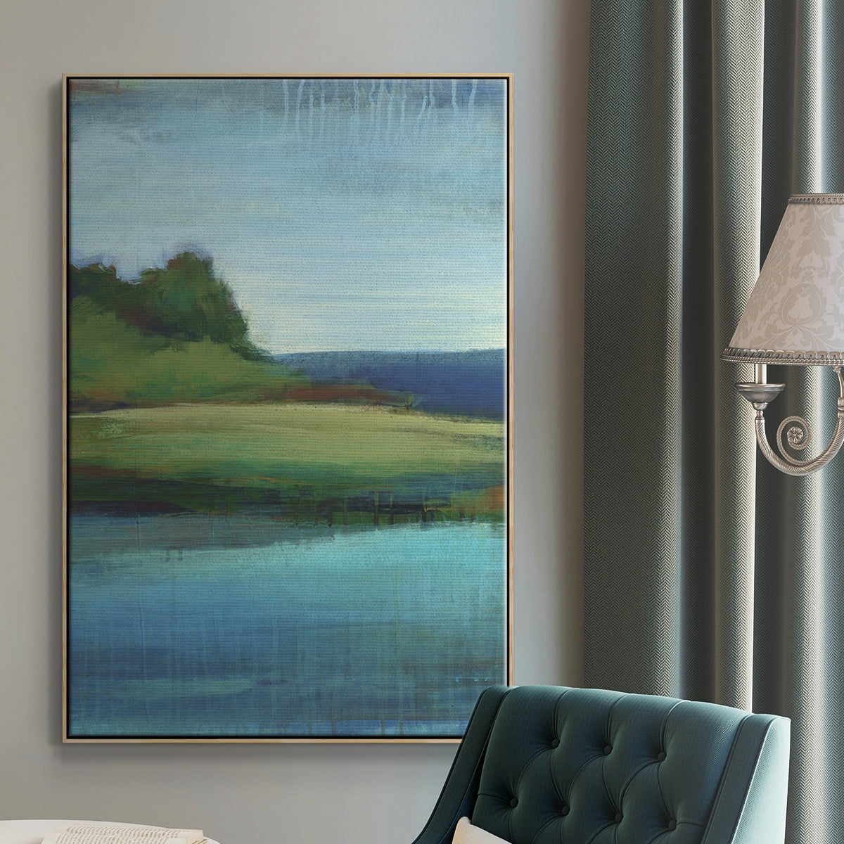 Silent Lakeside I Framed Premium Gallery Wrapped Canvas - Ready to Hang - 27 x 41 - Natural Wood Floating Frame