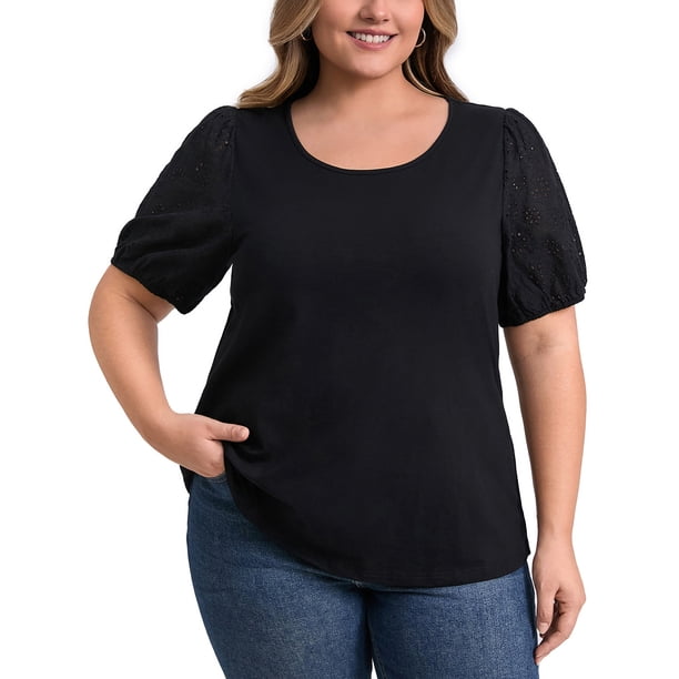 GRACE & GRANDEUR Blusas Casuales de Talla Grande para Mujeres con Panel Bordado, Manga Corta Abullonada y Cuello Redondo 3X Negro