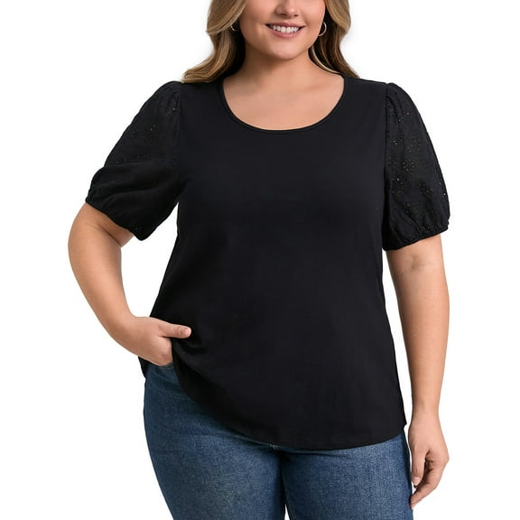 GRACE & GRANDEUR Women's Plus Size Tops Embroidered Panel Hollow Puff Short Sleeve Round Neck Casual Blouses 2X Black