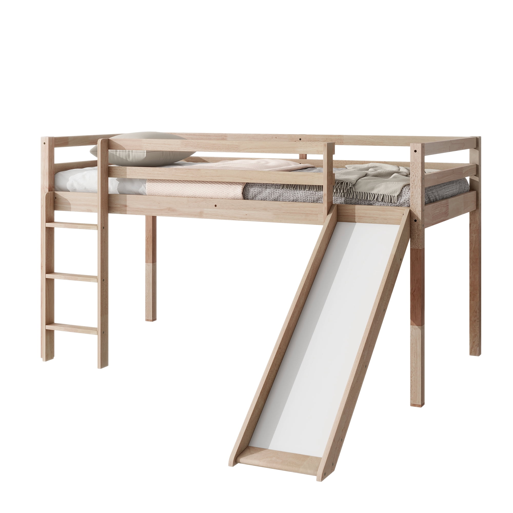 Leumius Twin Low Loft Bed with Slide, Ladder, Safety Guardrails, Rubber Wood Twin Loft Bed for Boys Girls Natural