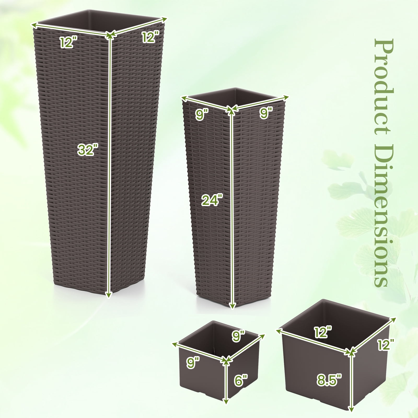 Patiojoy Set of 2 Planters for Outdoor Plants Tall Tapered Plants w/Inner Trays Drainage Holes Coffee