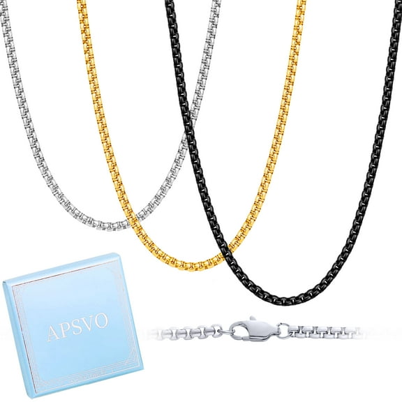 APSVO 3 Pcs Chain Necklace for Men Women 3mm Stainless Steel Silver Black Gold Box Chains Set Paired with Pendants Birthday Jewelry Gifts Ideas Dad Mom Teen Age 20" Inch