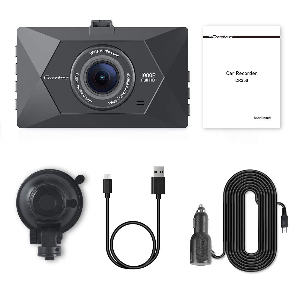 Crosstour Dash Cam,1080P Front and Rear 3”Car Security Camera,External GPS  Supported,Sony Sensor,128GB Max,Black