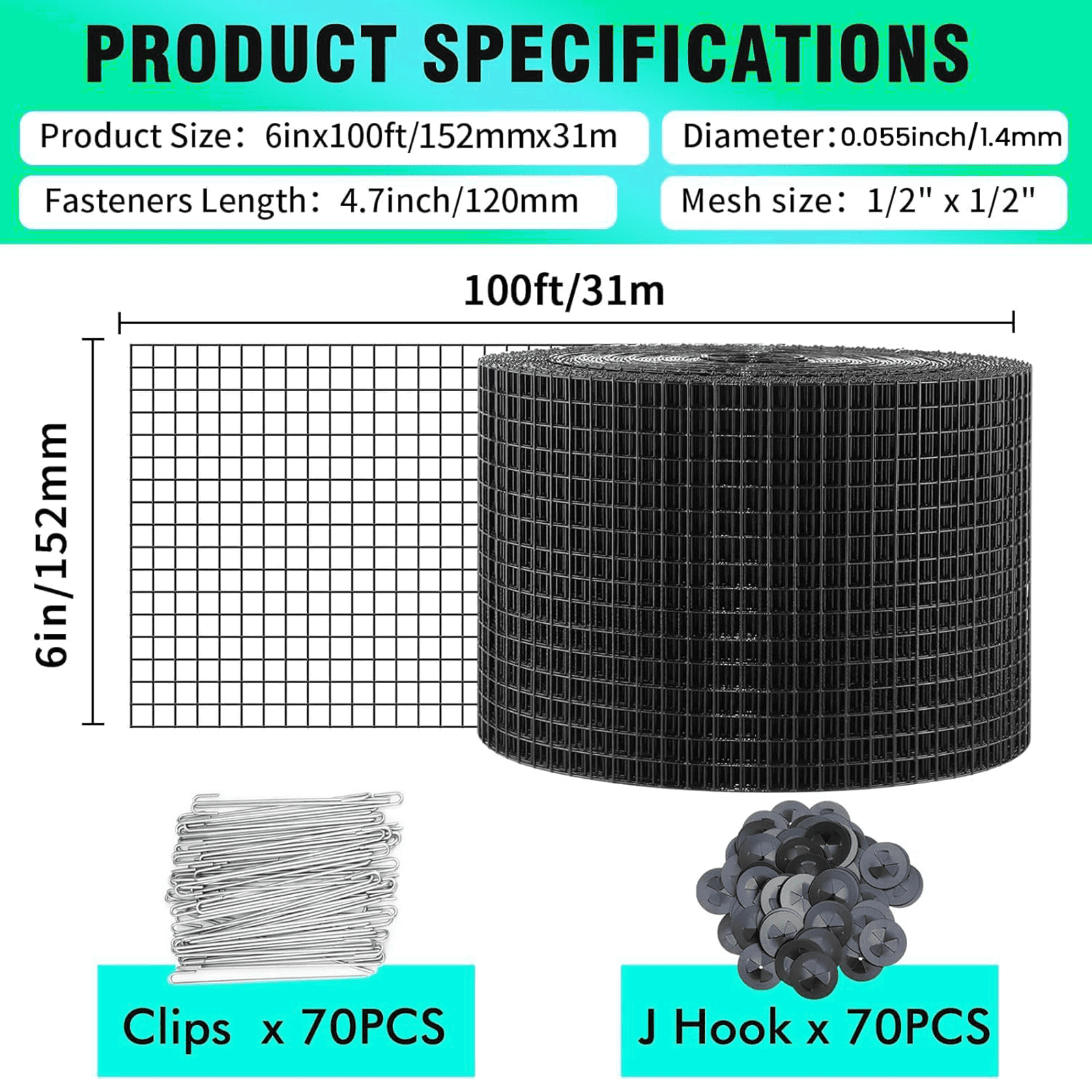 6 Inch x 100ft Solar Panel Bird Guard, 1/2 Inch Mesh Critter Guard Roll Kit with 70pcs Aluminum Alloy Fasteners, Rust-Proof PVC Coated Solar Panel Guard for Bird & Animal Control