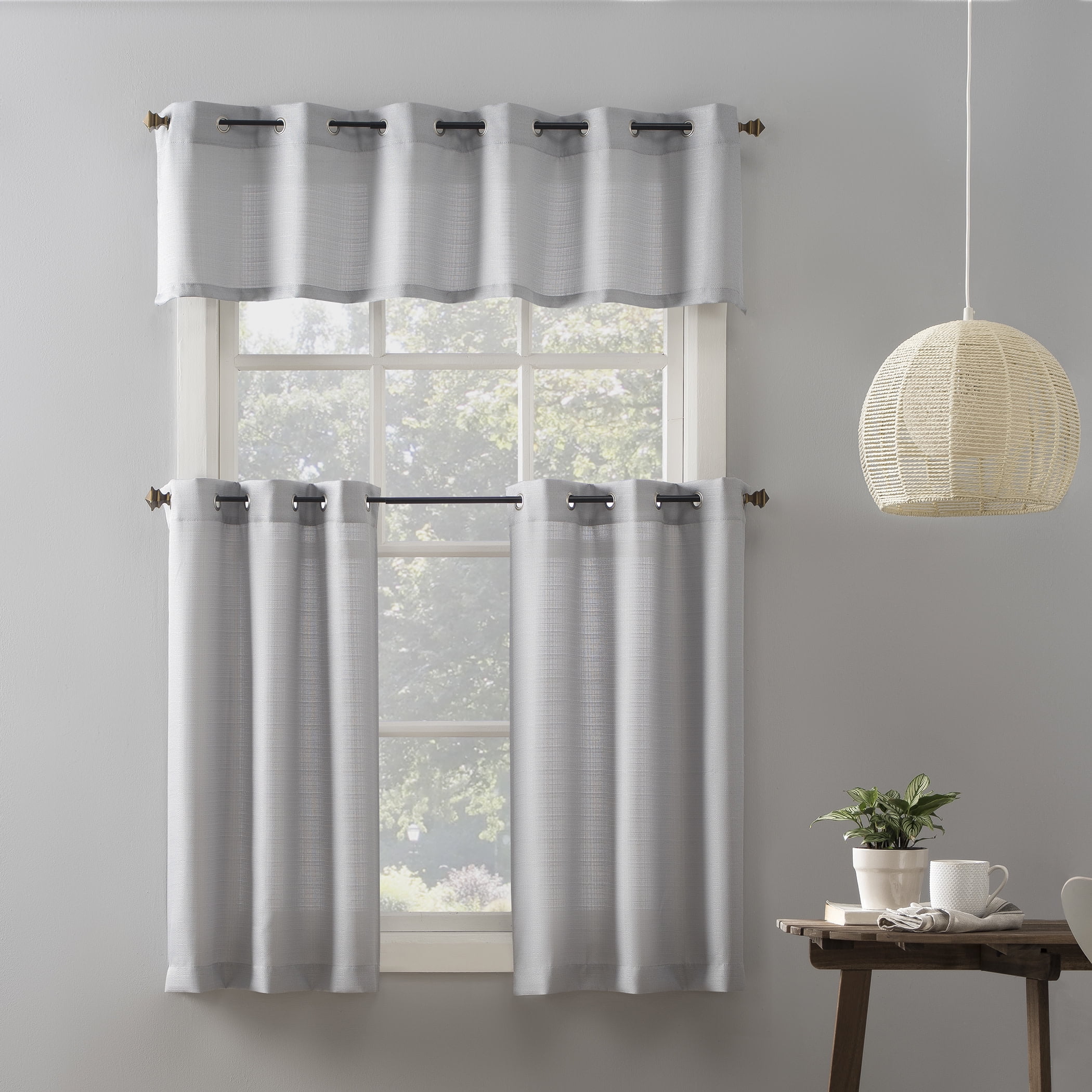 Mainstays Solid Semi Sheer Curtain Tier Pair and Valance Set, 3 Piece Ready Made Kitchen Curtains, Silver, 54" W x 36" L