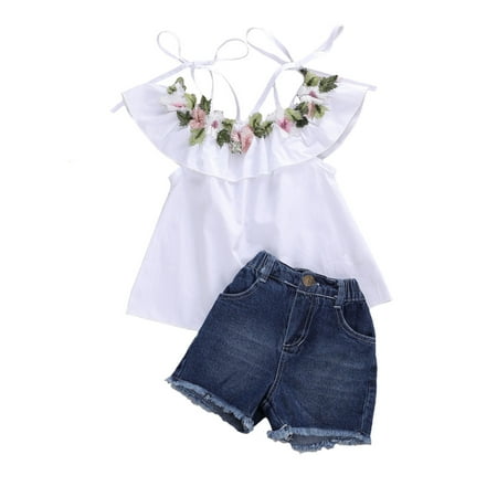

Canrulo Toddler Baby Girls Floral Short Sleeve Tops T-Shirt Denim Shorts Set Kids 1T 2T 3T 4T 5T 6T Clothes Summer White 3-4 Years