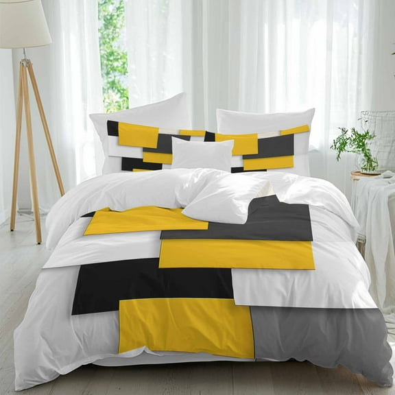 Black Yellow Patchwork 4 Piece Duvet Cover Set Queen Size Abstract Geometric Art Soft Bedding Set Comforter Cover, 1 Duvet Cover 1 Flat Sheets and 2 Pillowcases