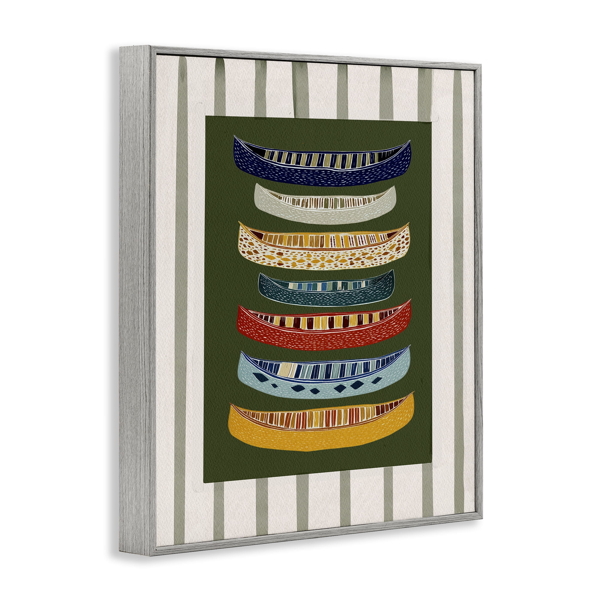 Stupell Industries Patterned Canoes over Stripes Gray Framed Giclee Art, design by Yen