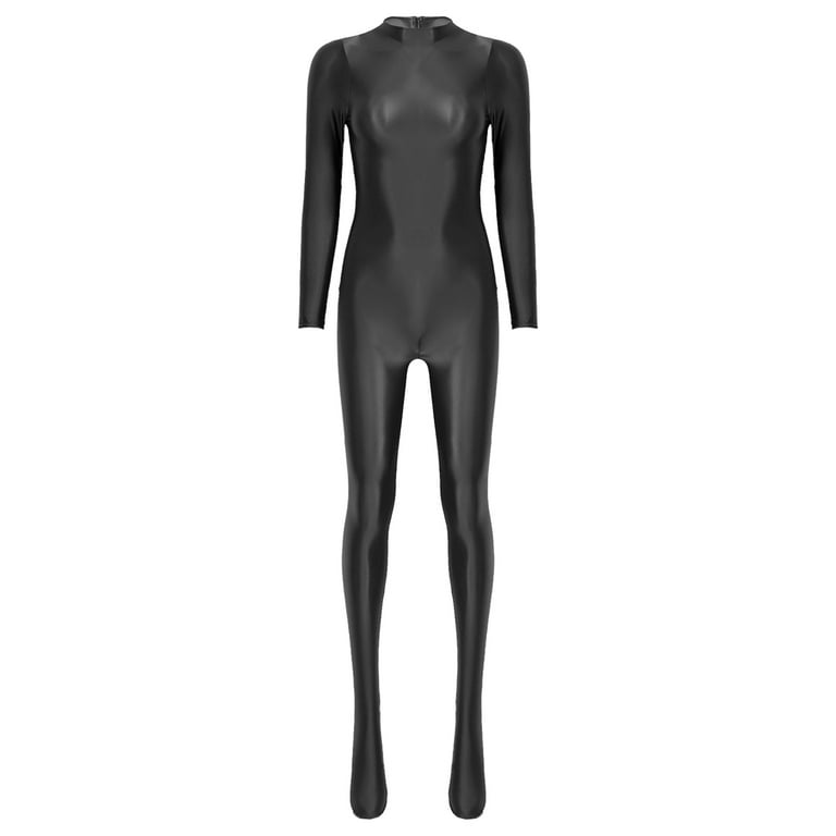YIZYIF Womens Glossy Full Body Jumpsuit Long Sleeve Solid Color Zipper  Catsuit Bodysuit for Swimming Fitness Sports Black M 