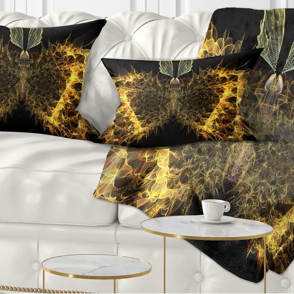 Designart Golden Fractal Butterfly in Dark - Abstract Throw Pillow - 12x20
