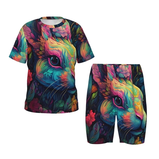 Balery Colorful Patterned Rabbit Conjunto de Pijama Infantil de Manga Corta con Estampado – Ropa de Dormir de Algodón Suave-Large