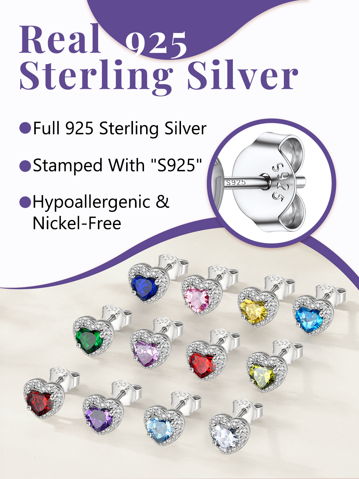 Silvora 925 Sterling Silver Heart Stud Earrings for Women February Birthstone Elegant Earring Birthday, Anniversary, Christmas Jewelry Gift